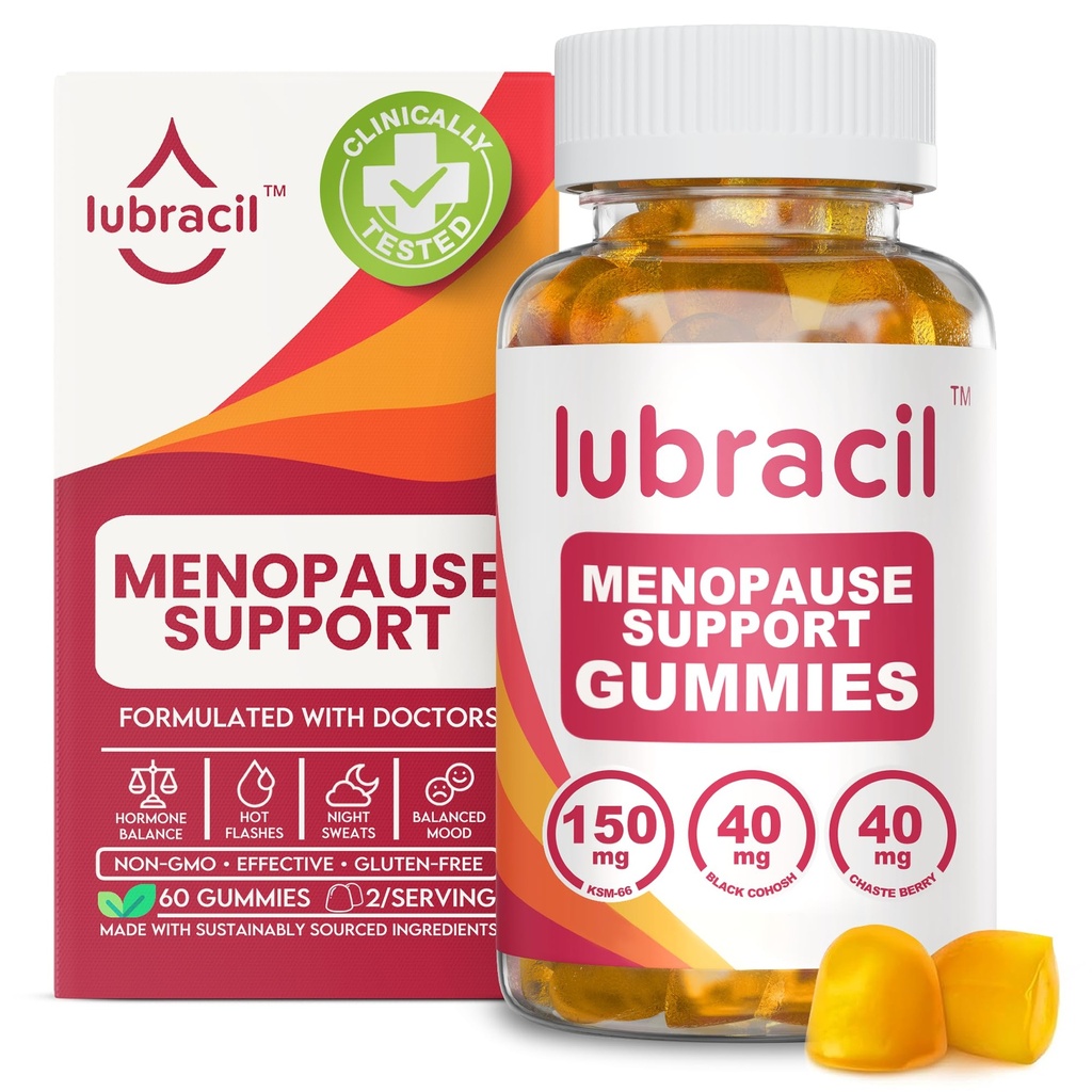 Lubracil Menopauza Gummies pro ženy - menopauzální doplňky pro návaly horka, noční pocení, moodové houpačky a hormonální rovnováhu - Denní vitamíny s černým Cohosh & Ashwagandha - 60 gummies (balení po 1)