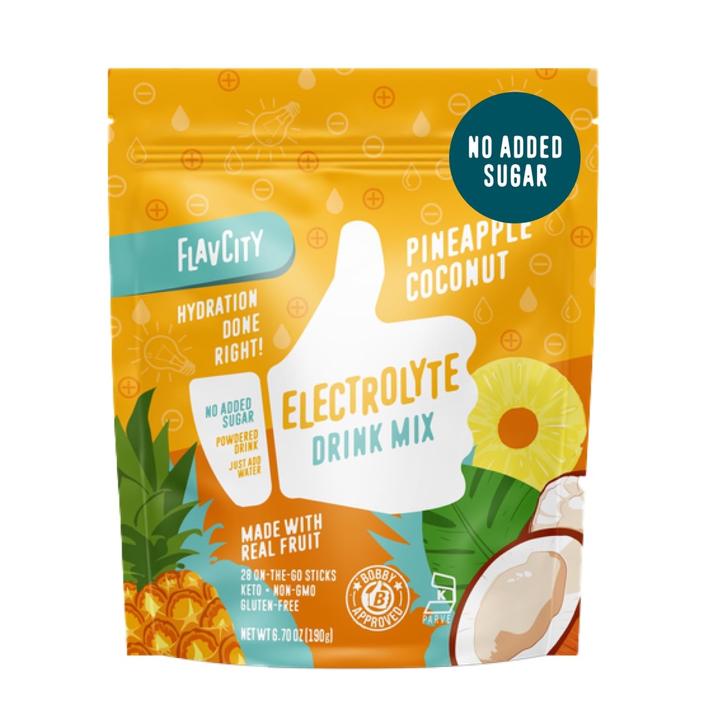 FlavCity Ananas Kokosový Electrolytes Powder Packets - 28 Hydration Packets - No Add Sugar - Hydration Powder with Real Fruit & Unrafined Sea Salt - Keto & Gluten- Free (28 Stick Packs)