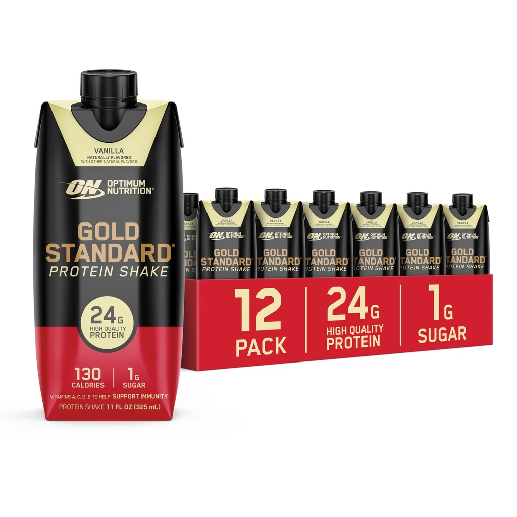 Optimum Nutrition Gold Standard Protein Shake, 24g Protein, Připravený pít protein Shake, gluten zdarma, Vitamin C pro imunitní podporu, Vanilla, 11 Fl Oz, 12 Počet (balení po 1) (Balení květen Vary)