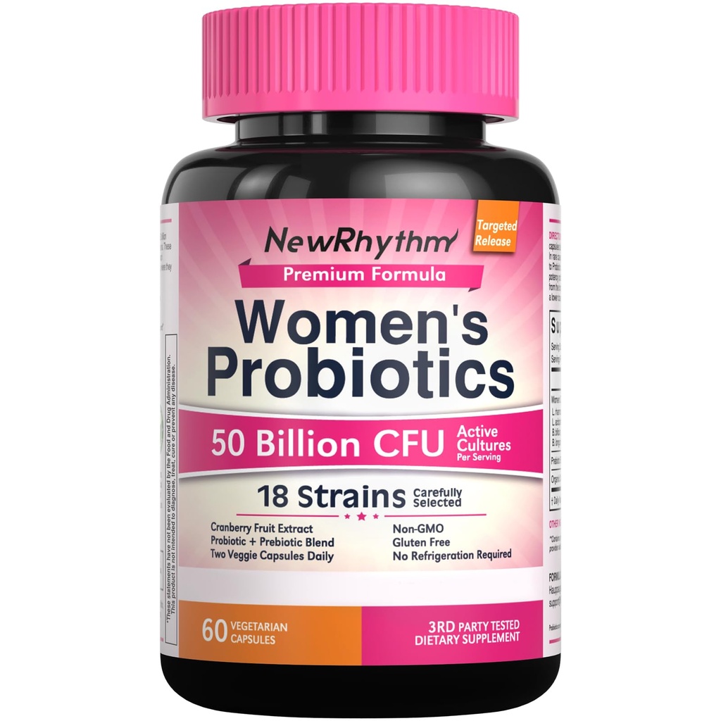 Newrhythm Ženské Probiotika, Organic Cranberry pro ženské Vaginální zdraví, 50 Miliardy CFU 18 Stravovací, Probiotika a Prebiotika, Podpora stravovací zdraví, 60 Vegan Kapsle