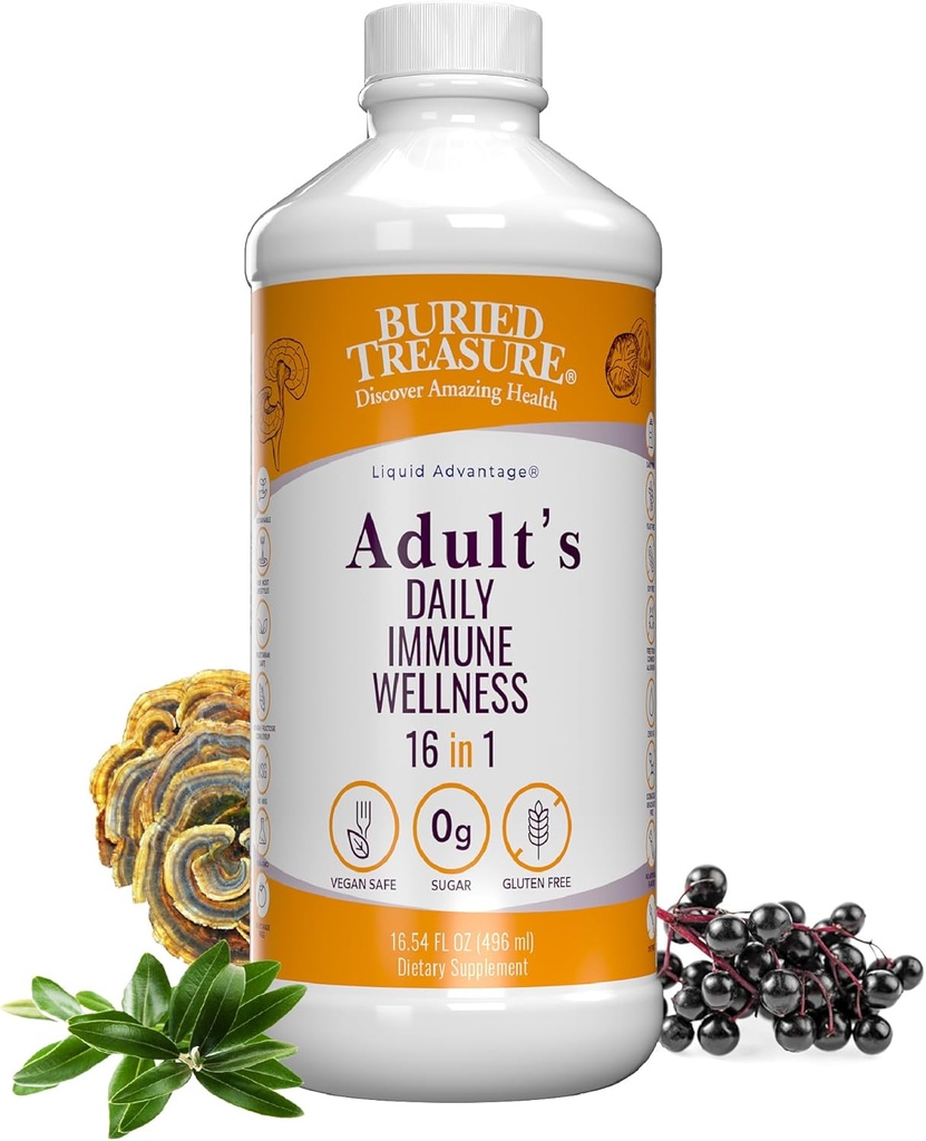 Poklad pro dospělé denní imunitní wellness - 16 Fl oz, 16 serv, tekutý nutriční směs pro imunitní podporu s Elderberry, Echinacea, Vitamíny a další