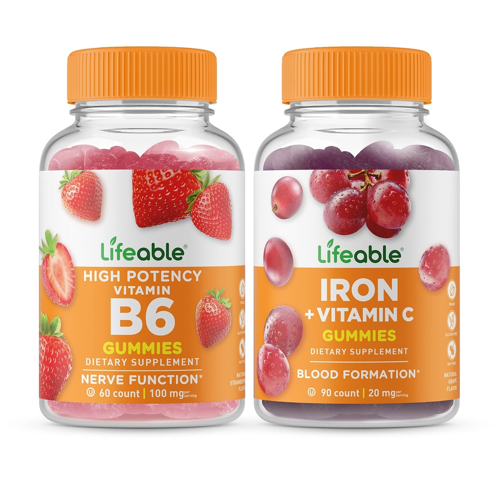 Živý vitamín B6 + železo s vitaminem C, Gummies Bundle - velký příchuť, doplněk vitamínu, gluten zdarma, GMO zdarma, žvýkací