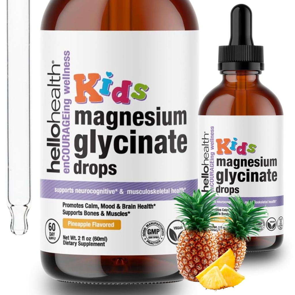 Děti Magnesium Glycinát kapalné kapky - cukr zdarma tekuté hořčíkové kapky, Happy klid pro děti uklidňující doplněk komplex - hořčík pro děti a noční spánek, Ananas Flavor 2 Fl Oz.