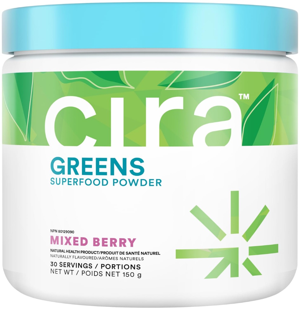 Cira Daily Green - přirozeně slazené, Organic Spirulina Superfood Powder s Premium, Antioxidant- Bohaté ingredience pro defloating, Digestion, & Energy - Smíšené Berry, 30 Služeb
