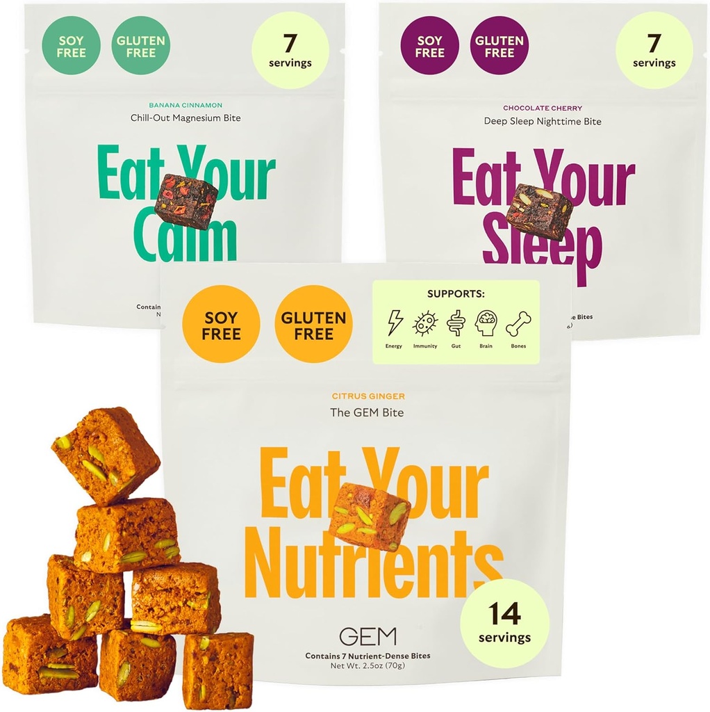 GEM Bite kompletní rutinní variety Pack s Daily Multivitamin (14 Bites), Chill- Out klid (7 Chews) & Deep Sleep Aid (7 Chews) Duševní 124; Podporuje Gut, Kůže, Mozek, Kost, Spánek, Imunita