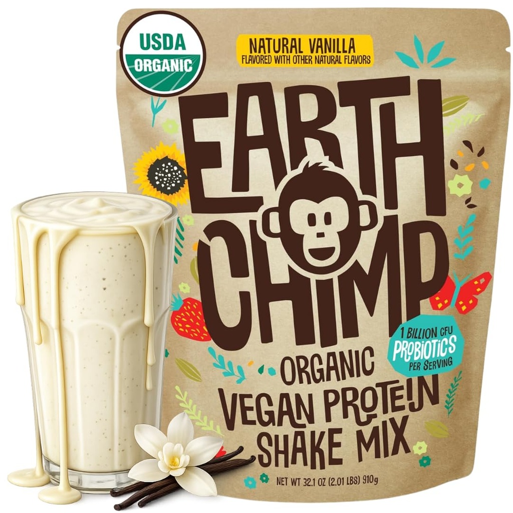 PowChimp Organic Vegan Protein Powder - s probiotiky - non GMO, mléčné výrobky zdarma, nesyrovátka, rostlinný protein prášek pro ženy a muže, gluten zdarma - 26 Služeb 32 Oz (Vanilla)