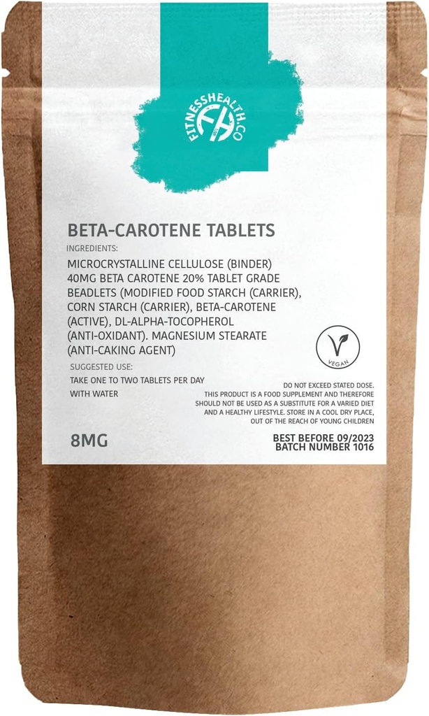 Fitness Health Beta- karotene 8MG 120 Tablet - čistý zdroj vitaminu A - Zdravá kůže a odolnost systém - Tanning Accelerator - Gluten & GMO- bez