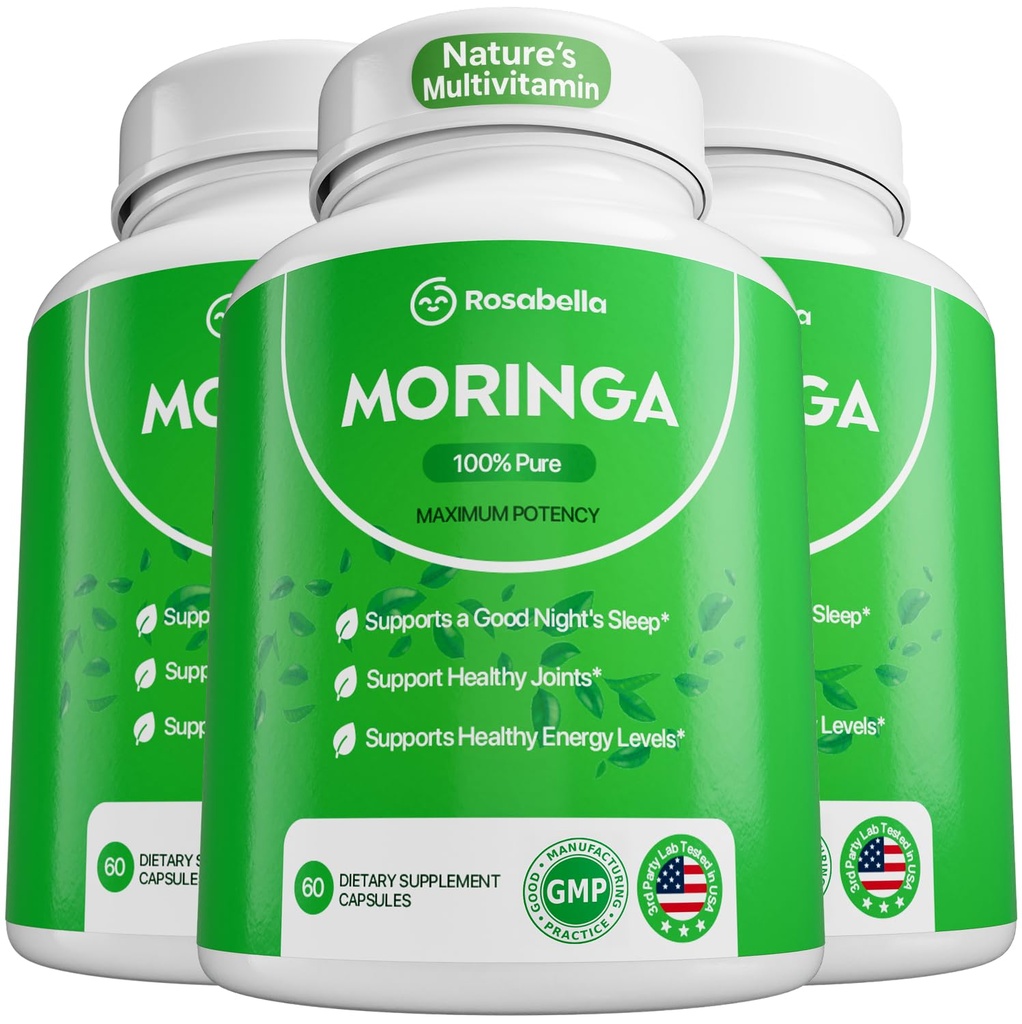 Rosabella Moringa Kapsle - Čistá Moringa prášek, energie, kůže, imunitní & Gut zdraví Superfood, bohaté na antioxidanty, esenciální vitaminy a aminokyseliny, přírodní zelené Superfood dodatek - 180 Počet
