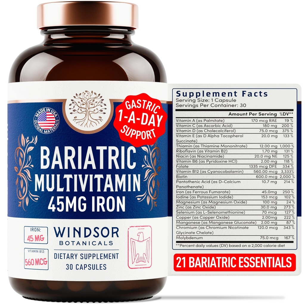 Bariatrický multivitamin se železem - 45 mg železa snadno polykat, Jeden den Bariatrické vitamíny pro ženy a muže - Gastric Bypass, Gastric Sleeve Recovery Vitamin Multivitamins - 30 Caps