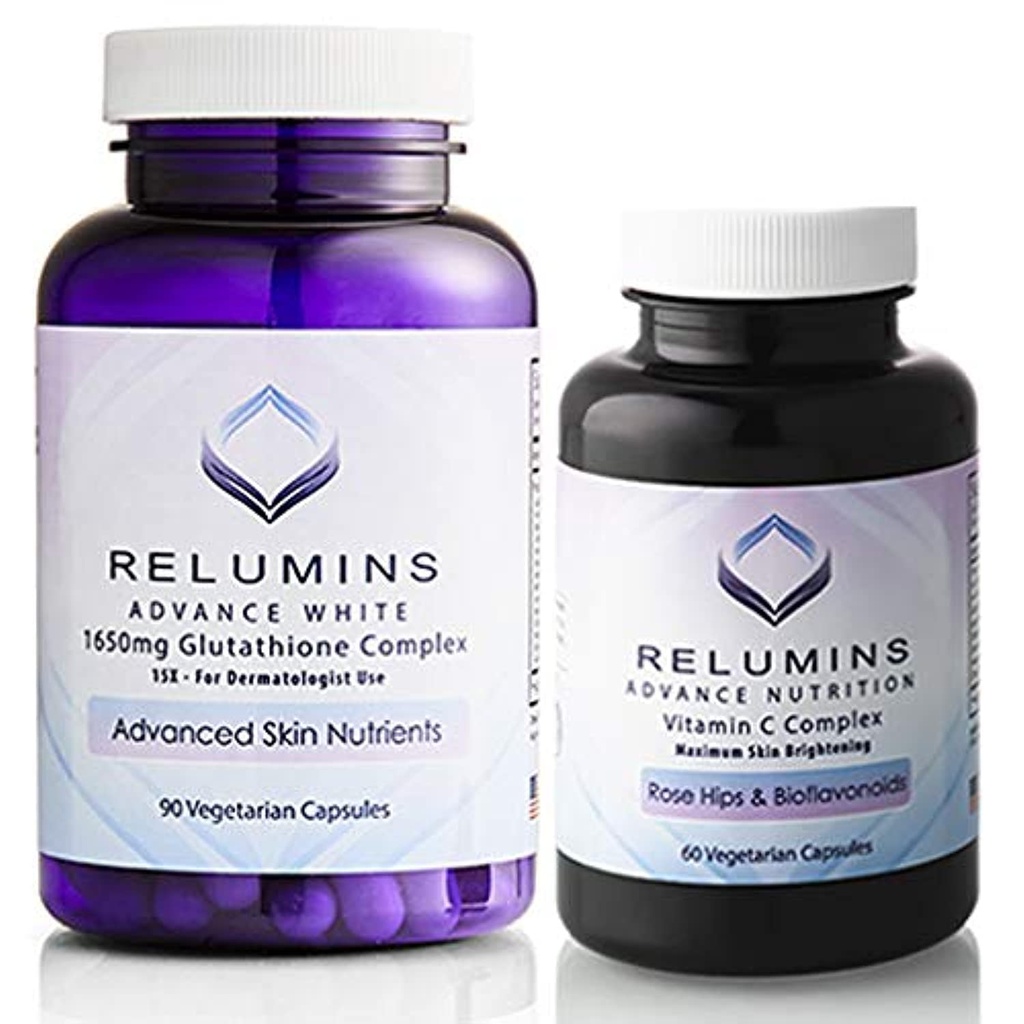 Relumins Advanced White Set - 1650mg Glutathione Complex (90 kapslí) a Advanced Vitamin C s Rose HIPS a bioflavonoidy (60 kapslí) Bundle