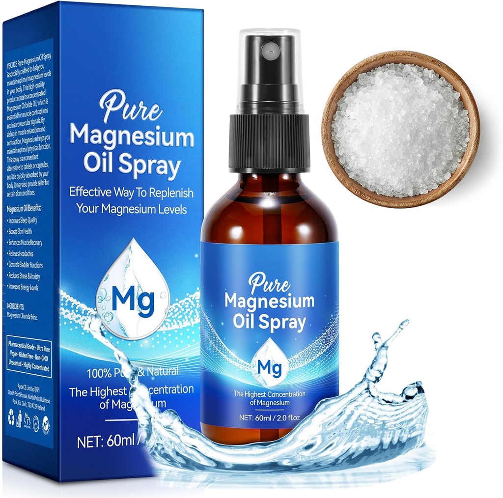 Spray hořčíku, čistý hořčík olej pro nohy, 100% přírodní a organické magnézium postřikovací skleněná láhev, snadno absorbovatelné a používat, Topický sprej hořčíku (2 Fl Oz, balení po 1)