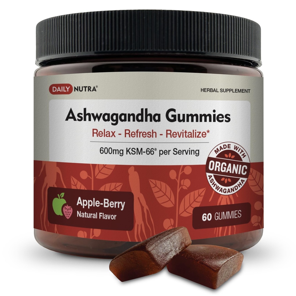 KSM- 66 Ashwagandha Gummies - 600mg Organic Root Extract per Serving - Delicious Natural Apple- Berry Flavor PHARM124; Podpora relaxace, Focus, & Energy (60 Gummies)