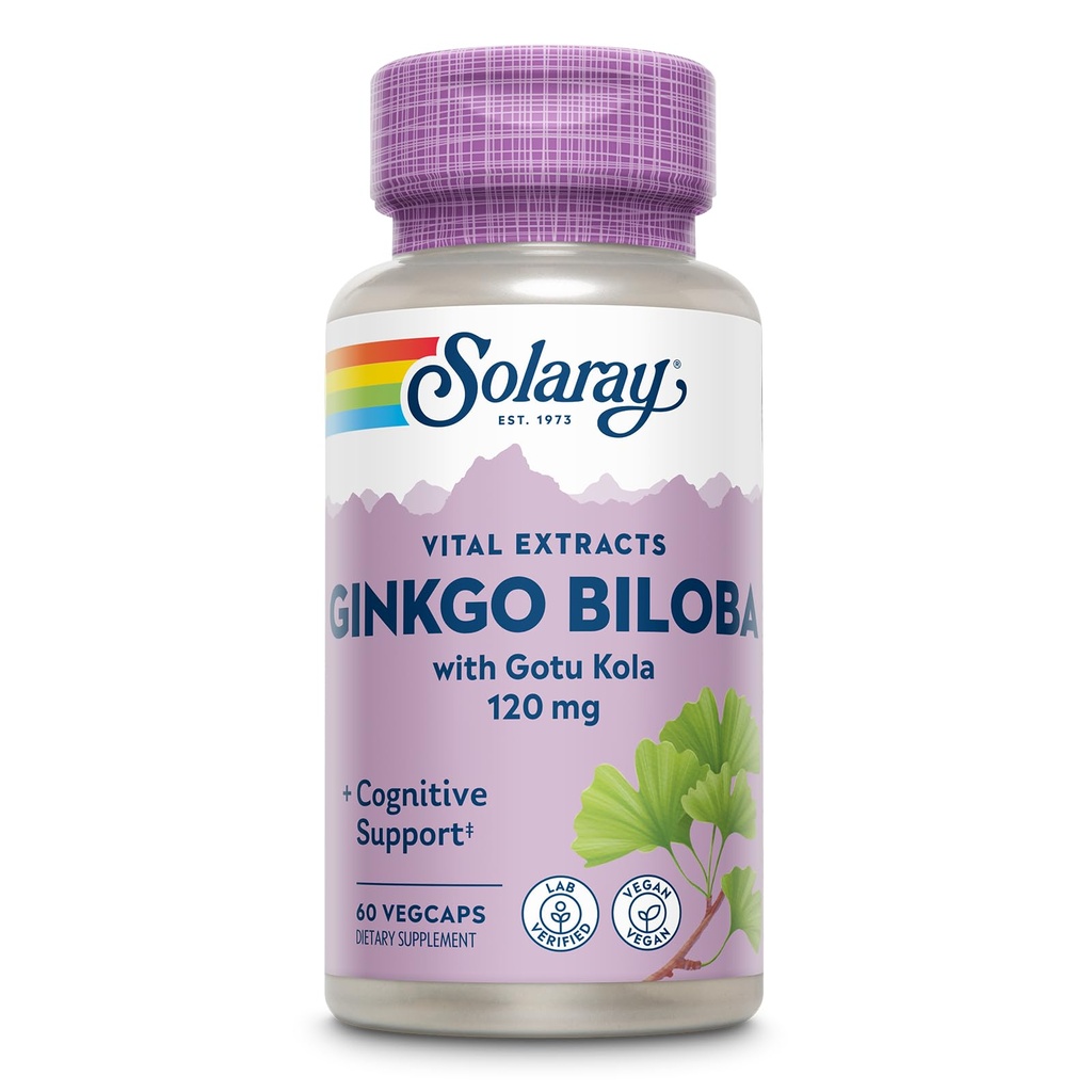SOLARAY Ginkgo Biloba Extract with Gotu Kola - Ginko Biloba Kapsle pro podporu zdraví mozku - Vegan, Laboratoř ověřená, 60denní záruka - 60 Služeb, 60 VegCaps (60 VegCaps)