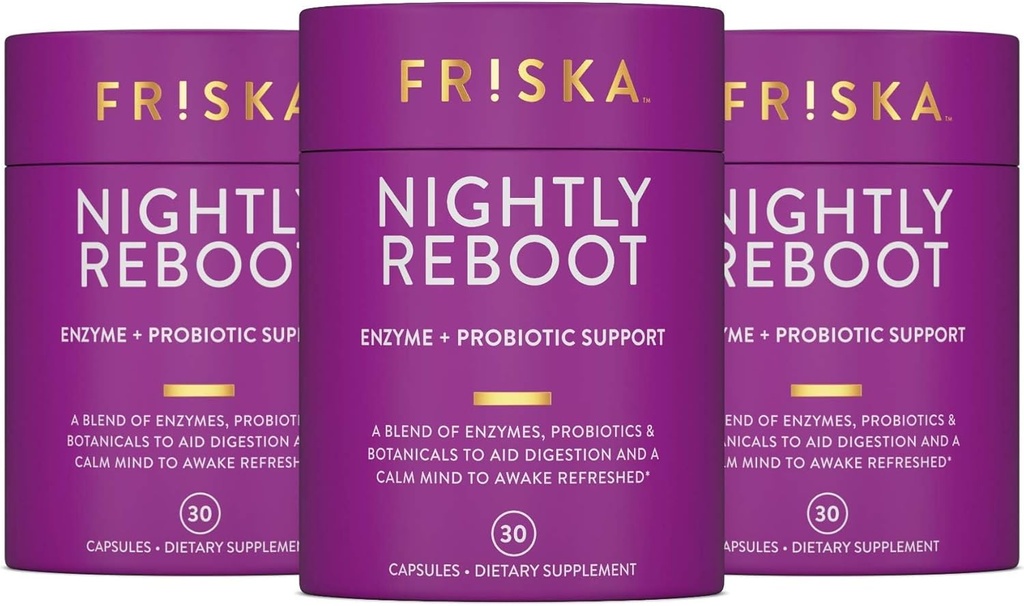 FRISKA Nightly Reboot enzym a probiotika dodatek, Promotes Lepší trávení a spánek, Podporuje Gut zdraví pro muže a ženy, Melatonin, Heřmánek, 90 Kapsle