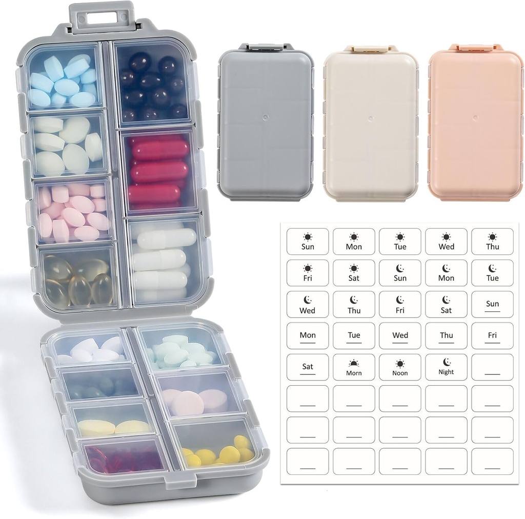 LANDNEOO 14 Grids Pill Pořadatel Box s etiketami, Travel Medication Holder Disperser Case Kit, Pocket Daily Pharmacy Container for Fish Oil Vitamin Supplement Storage, Khaki Pink Grey, 3 Pack