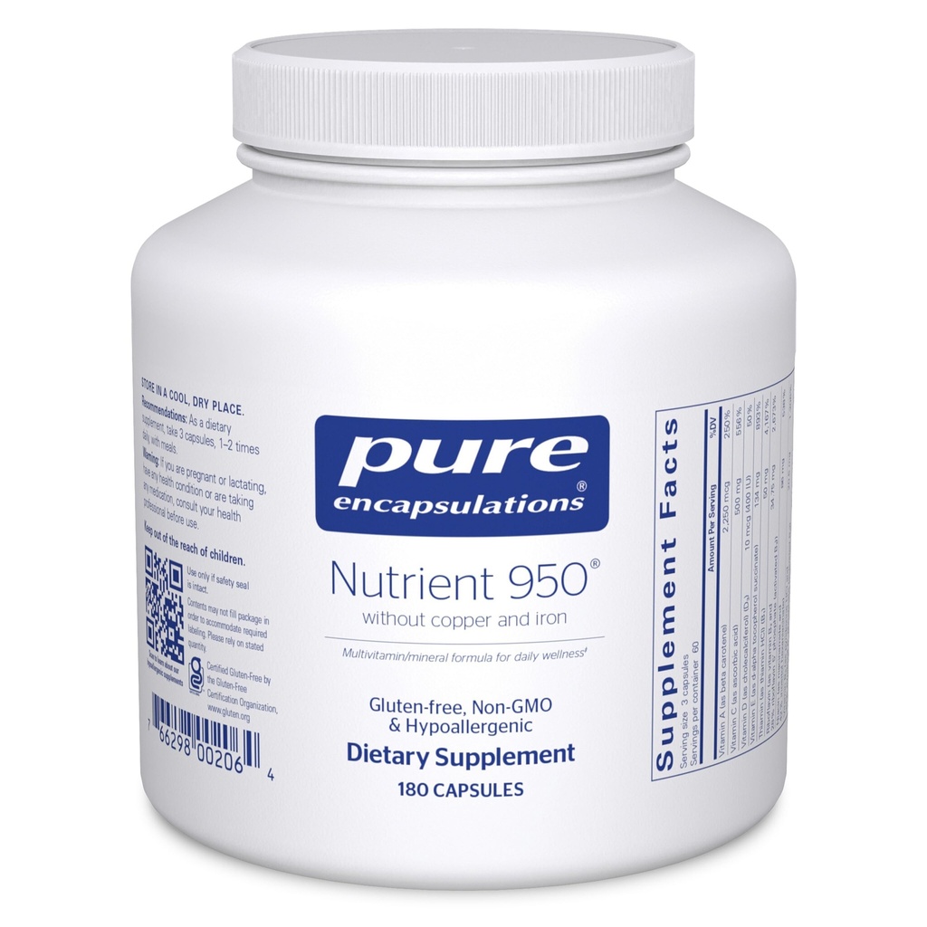 Čisté enkapsulace Nutrient 950 Bez mědi a železa 124; Hypoalergenní multi- vitamin / minerální vzorec pro optimální zdraví 124; 180 Kapsle
