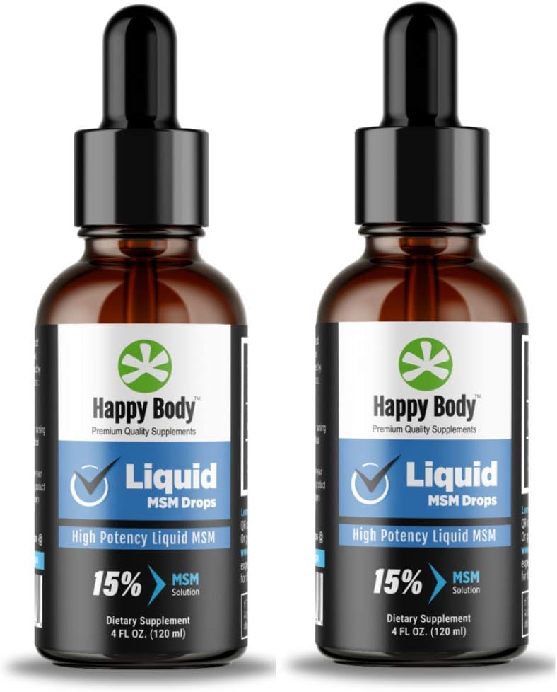 Happy Body Liquid MSM Drops Nejvyšší MSM obsah v tekutém MSM dodatku. Ideální pro orální i tematické aplikace - 1 x 4 fl. oz Lahvička (2 balení)