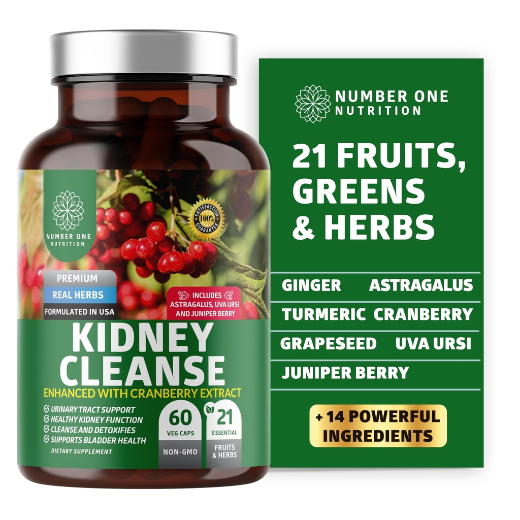 N1N Premium Ledviny Cleanse [21 Potenciální Byliny] pro ovládání močových cest a močových měchýřů, přírodní ledvina podpora s Cranberry Extract, Astragalus a Uva Ursi Leaf, 60 Veg Caps