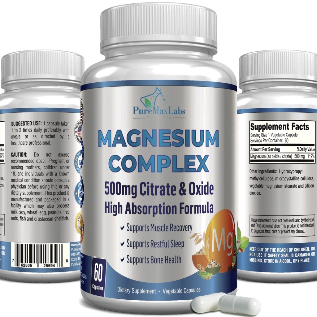Vysoká absorpce Magnesium Citrát Complex 500mg Magnesium Citrát & Oxid - Podporuje klid spánku, svalové křeče Relief, Muscle Recovery, Zdravé zuby & kosti, Non- GMO - 60 Zeleninové kapsle