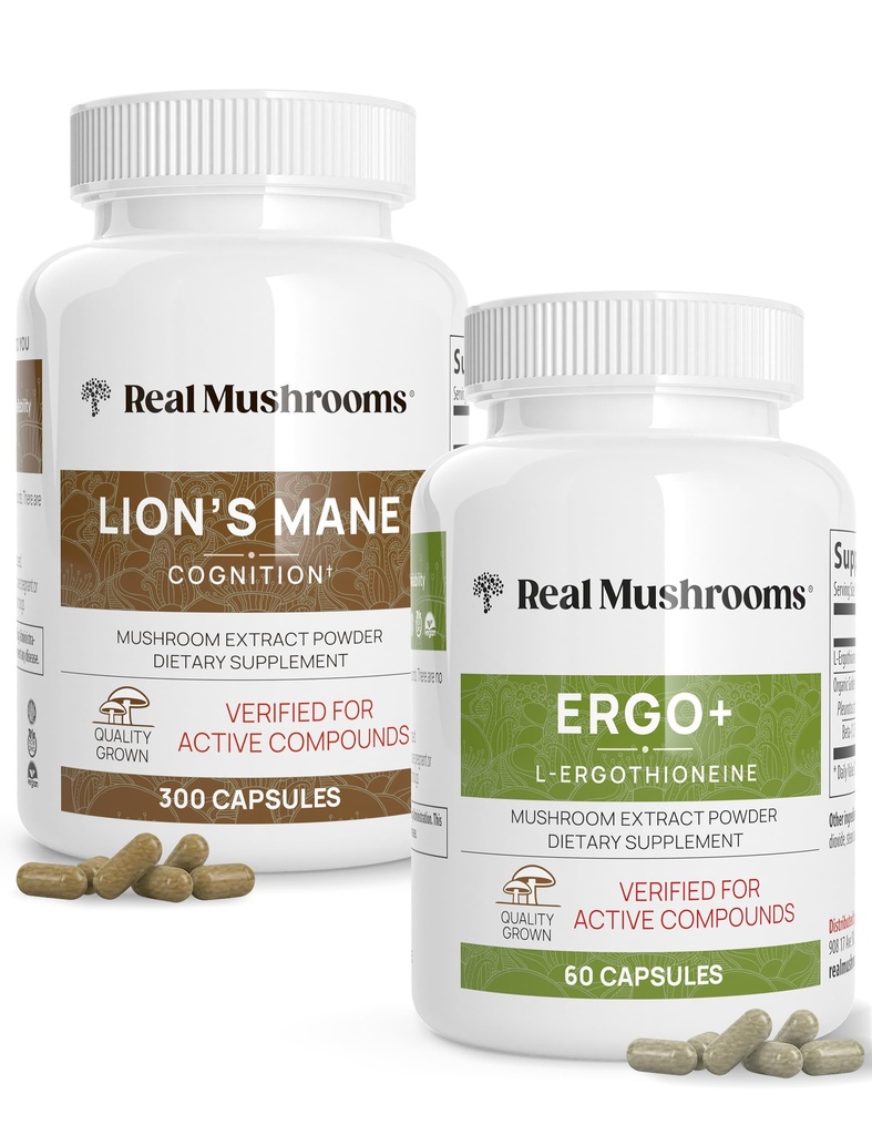 Skutečné houby Ergothioneine (60ct) a Lions Mane (300ct) Bundle s Shiitake a Oyster houbové extracts - Dlouhověkost a kognitivní - Vegan, gluten zdarma, Non- GMO - Přírodní podpora pro zdravé stárnutí