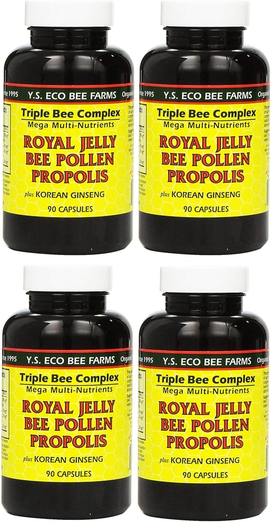Y.S. Eco Bee Farms, (4 Pack) Royal Jelly, Bee Pollen, Propolis, Plus Korean Ginseng, 90 Kapsle