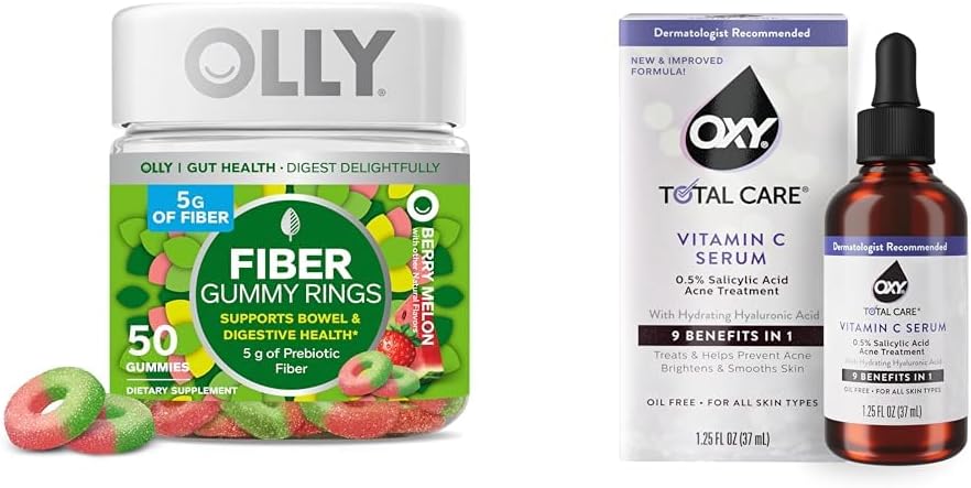 OLLY Fiber Gummy prstence 50ct + Oxy celková péče Hydratační vitamin C Sérum pro stravitelnou podporu, Cleader Skin