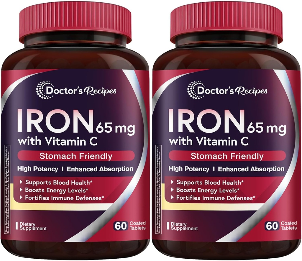 Lékařské recepty doplněk železa 65 mg s vitaminem C - Maximalizované Absorpce & Žaludek Friendly Iron Pills for Red Blood Cells Formation, Heart, Brain & Imunity Health - Vegan 120 Tabs (Balení po 2)