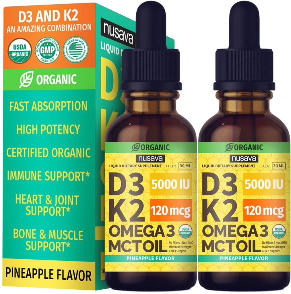(2 Pack) Organický vitamin D3 K2 Kapky s MCT Oil Omega 3, Maximální síla vitaminu D Liquid 5000 IU, No Fillers, Non- GMO Liquid D3 pro rychlejší absorpci a imunitní podporu (Ananas, 2 Fl Oz)