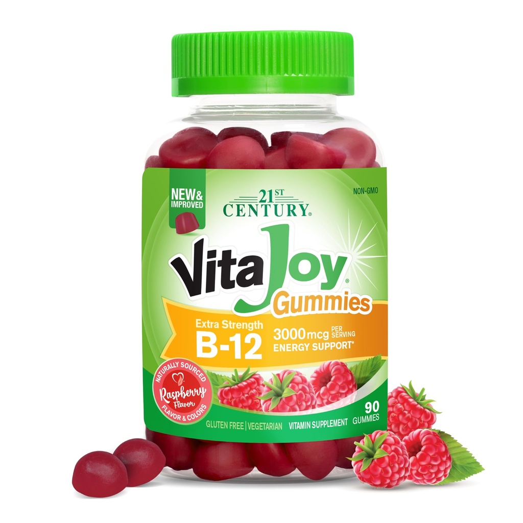 21. století VitaJoy Extra Strength B- 12 3000 mcg Gummies, Malina, 90 hrabě