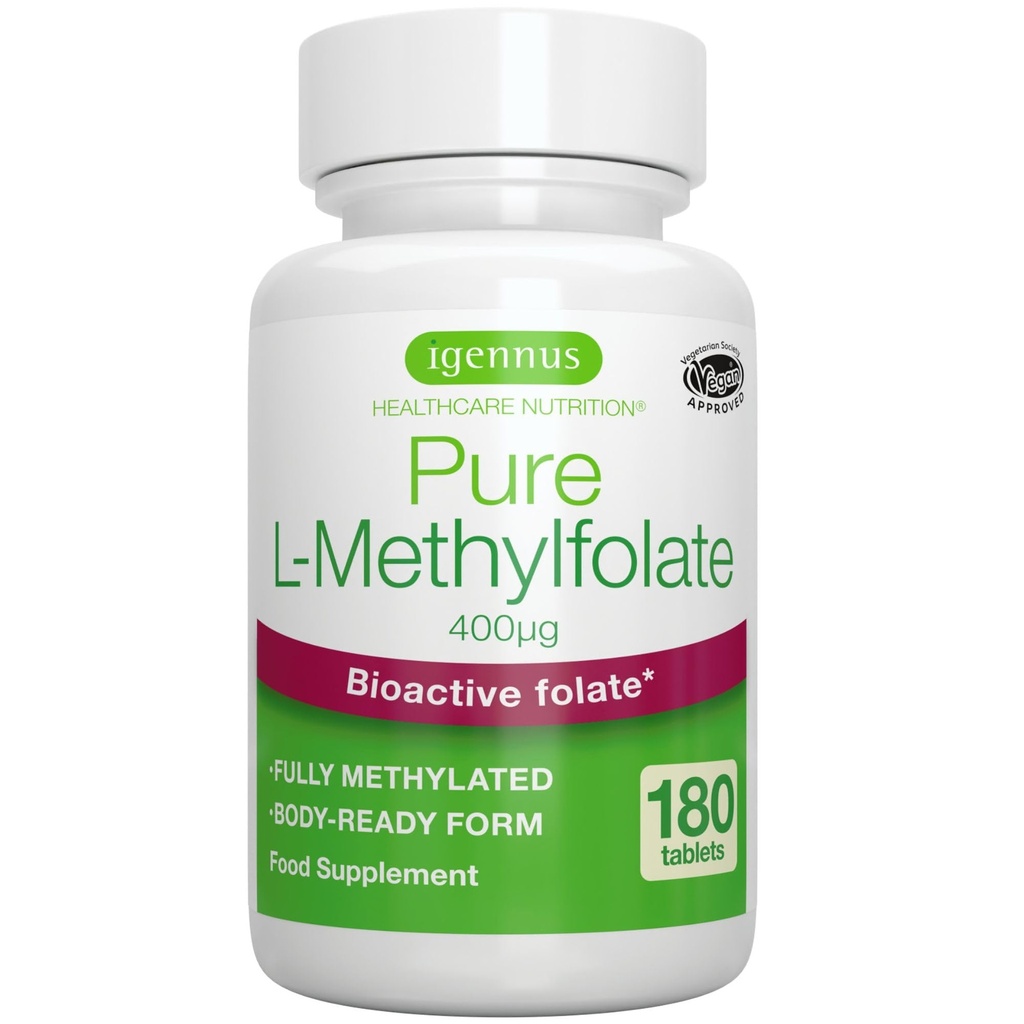 Igennus čistý methylfolát 400 mcg, 180 tablet, čistý štítek, methylovaná forma kyseliny listové 5-MTHF (vitamin B9), vegan, vhodný pro těhotenství, One- a- Day, 6 měsíční dodávka