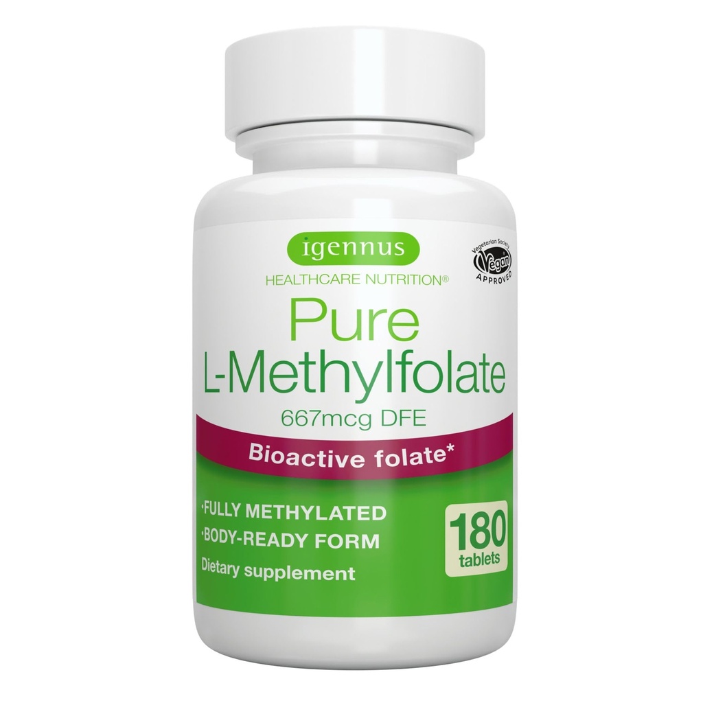 Igennus čistý methylfolát 400 mcg, 180 tablet, čistý štítek, methylovaná forma kyseliny listové 5-MTHF (vitamin B9), vegan, vhodný pro těhotenství, One- a- Day, 6 měsíční dodávka