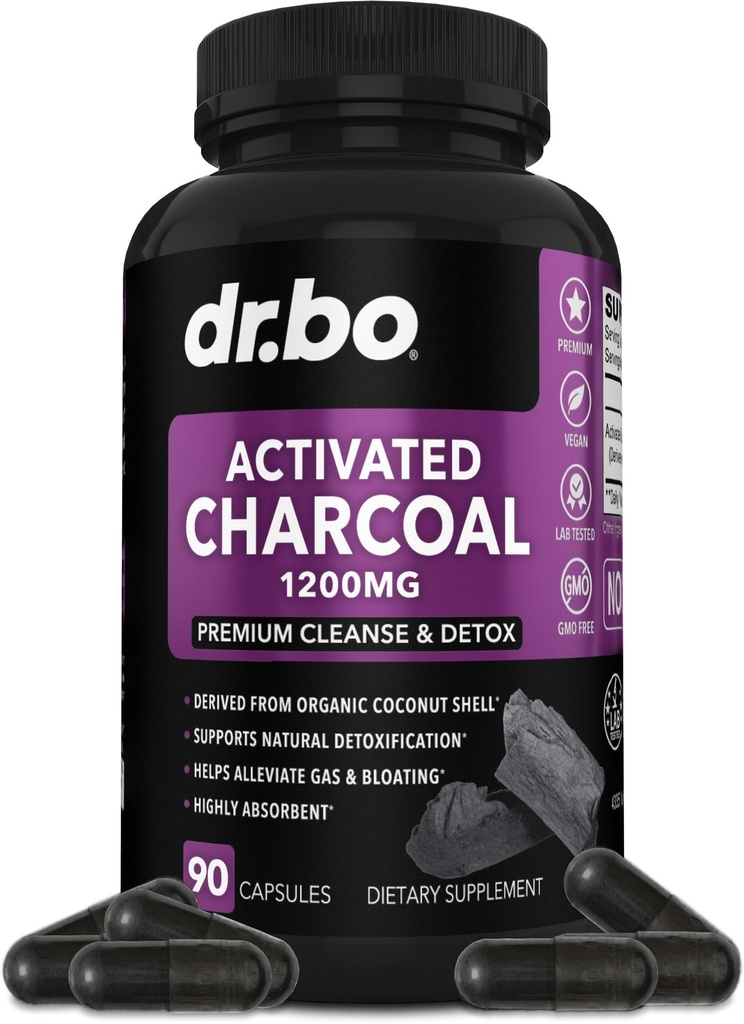 Activated Charcoal Kapsle Cleanse Detox - 1200mg Organic Cococonut Charcoal Pills for Stomach Gas and Bloating Relief for Men Women Kids - Aktivní Kapsle Powder Binder Aktivované doplňky pro Gut