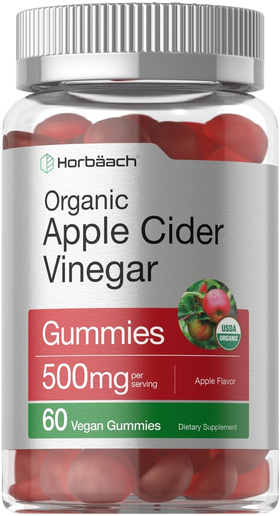 Horbäach Organic Apple Cider Ocet Gummies PHAR124; 60 Gummies PHAR124; Vegan, Non-GMO & Gluten- Free Supplementary PHAR124; USDA Organic ACV PHAR124; Apple Flavor