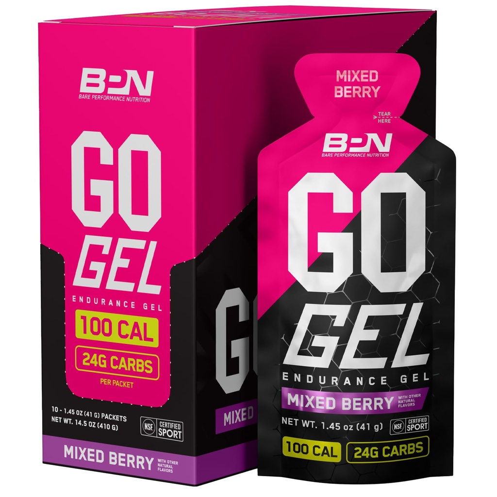 BARE VÝKONNOST VÝKONNOST, BPN Go Gel Endurance, 24 g karbohydrátů a 100 kalorií na balení, Vegan + gluten zdarma běžící gel, 10 Single-Serving Packs, Smíšené Berry