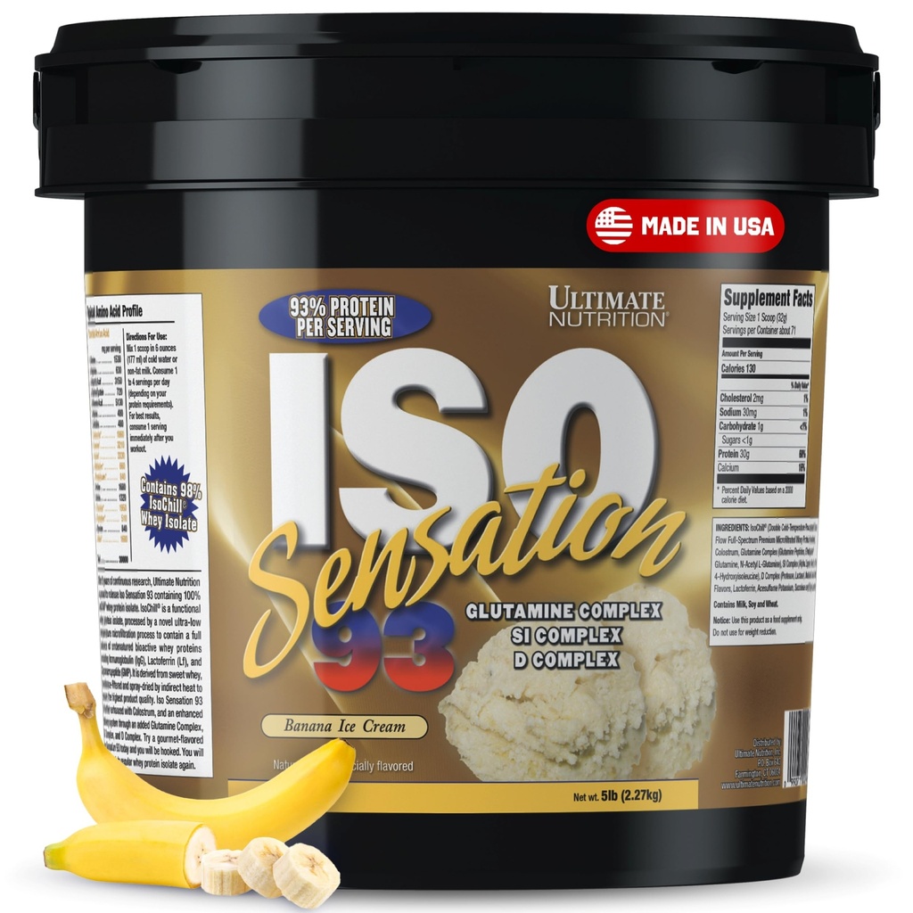 Ultimate Nutrition Whey Protein Isolate Powder with Glutamine Complex, ISO Sensation 93 - Syrovátkový protein Powder with Added Colostrum for Enhanced Recovery, Immunity & Gut Health - Banana, 5lbs