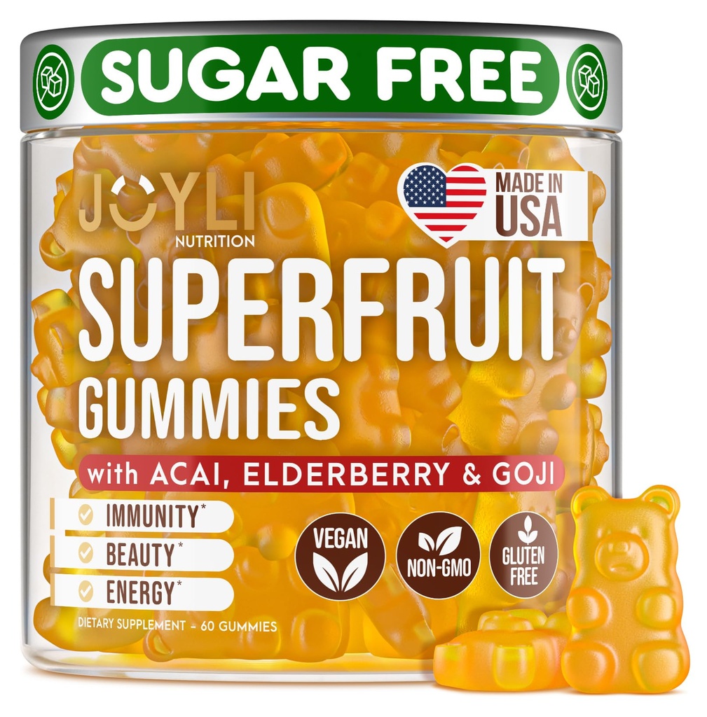 Joyli Supergruit Gummies - Sugar- Free Fruit Multivitamin Gummies pro dospělé - Přírodní Gummy Vitamíny pro ženy a muže s Goji, Elderberry, Vitamíny A, C, D & E - Podporuje imunitu, Digestion & Energy