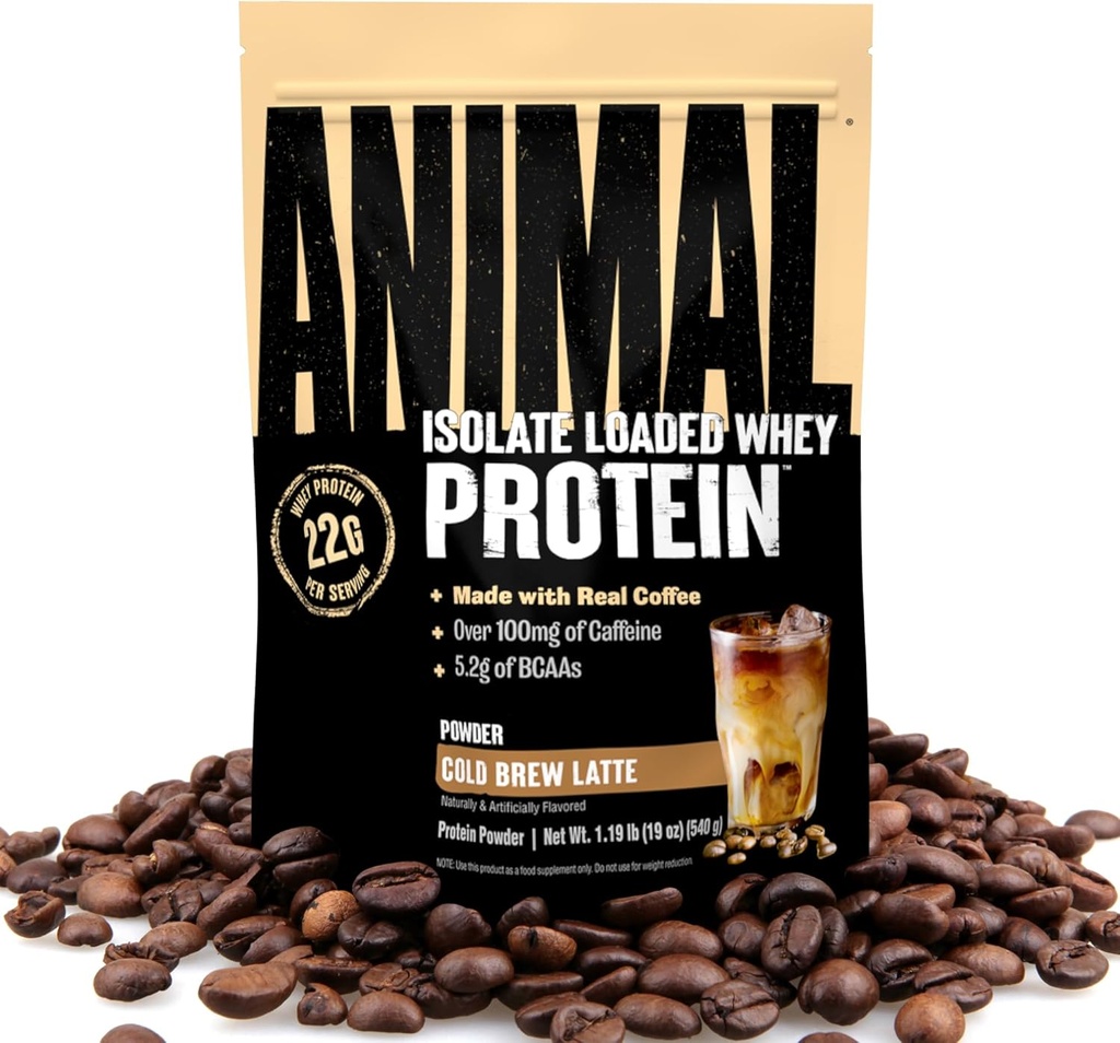 Zvířecí syrovátka Káva Powder, Naloženo s 22g proteinu, 100mg kofeinu, a BCAA pro Pre & Post cvičení budování svalů Zotavení s trávicí Enzymy pro muže a ženy, Studené pivo Latte, 1 LB