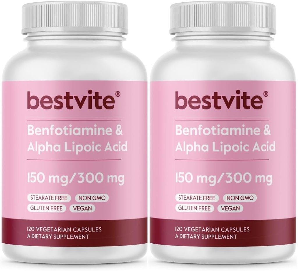 Benfotiamin 150mg / alfa kyselina lipoová 300mg (240 Vegetariánských kapslí) (120x2) - No Stearates - Vegan - Gluten Free - Non GMO