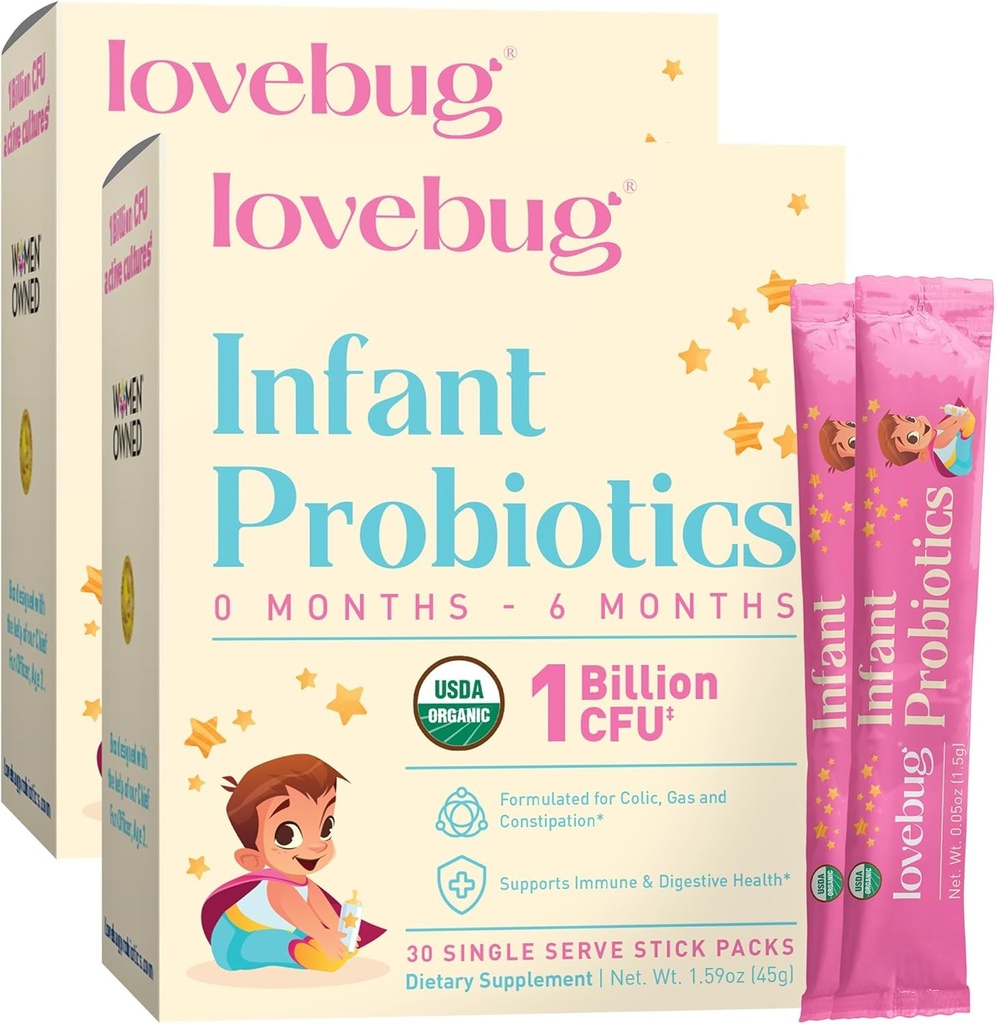LOVEBUG Infant Probiotika 0-6 Měsíce - USDA Organic Probiotika pro děti, Podporuje Baby Gas, Colic, Diarhea a novorozenecké zácpa Relief, Alergen & Sugar Free, Bezchutný prášek, 60 Pack
