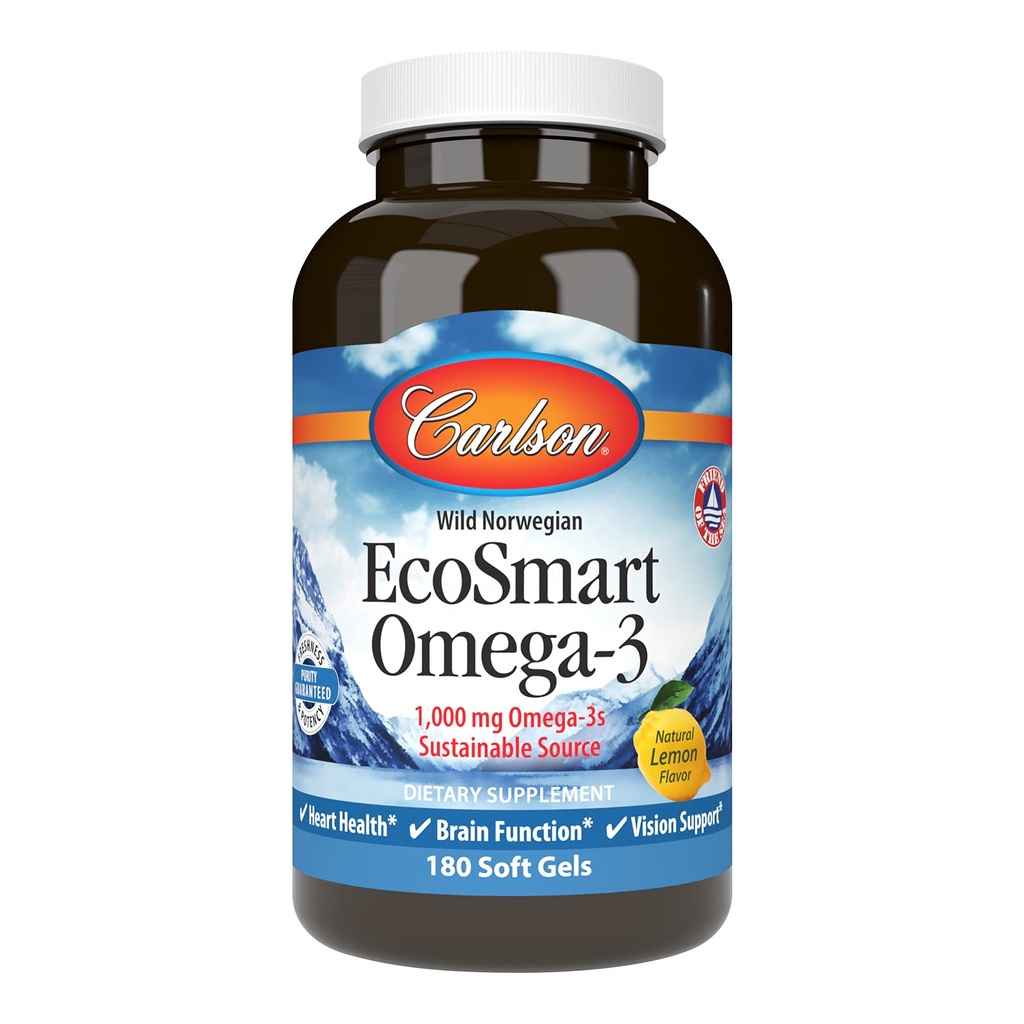 Carlson - EcoSmart Omega-3, 1000 mg Omega-3s, Udržitelný zdroj, Zdraví srdce, Mozková funkce a Vize Podpora, Lemon, 180 Softgels