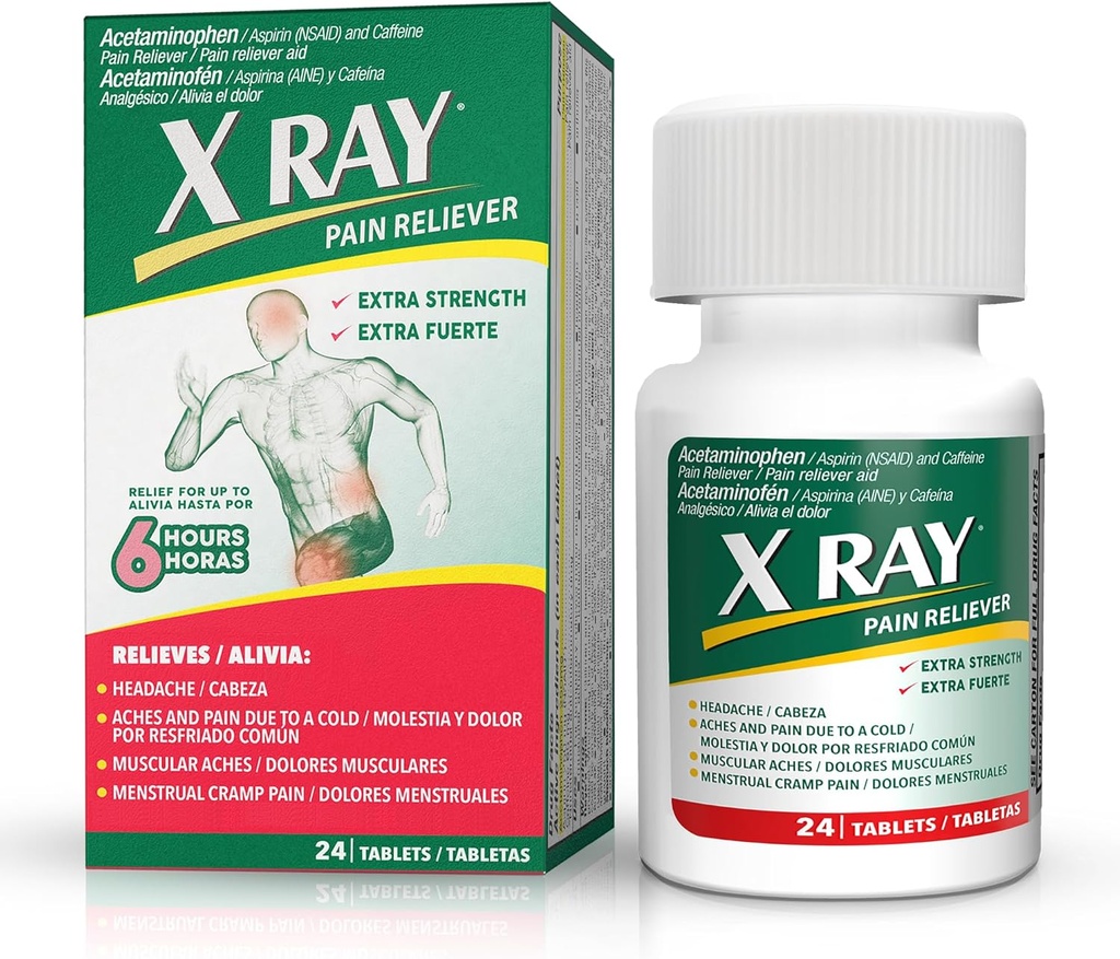 X RAY Extra Strength Pain Reliever: Acetaminophen 500 mg, Aspirin, Kofein - 24 tablet Každý, Potenciální vzorec pro migrénu, bolest hlavy, a bolest zad úlevu, snižuje zánět