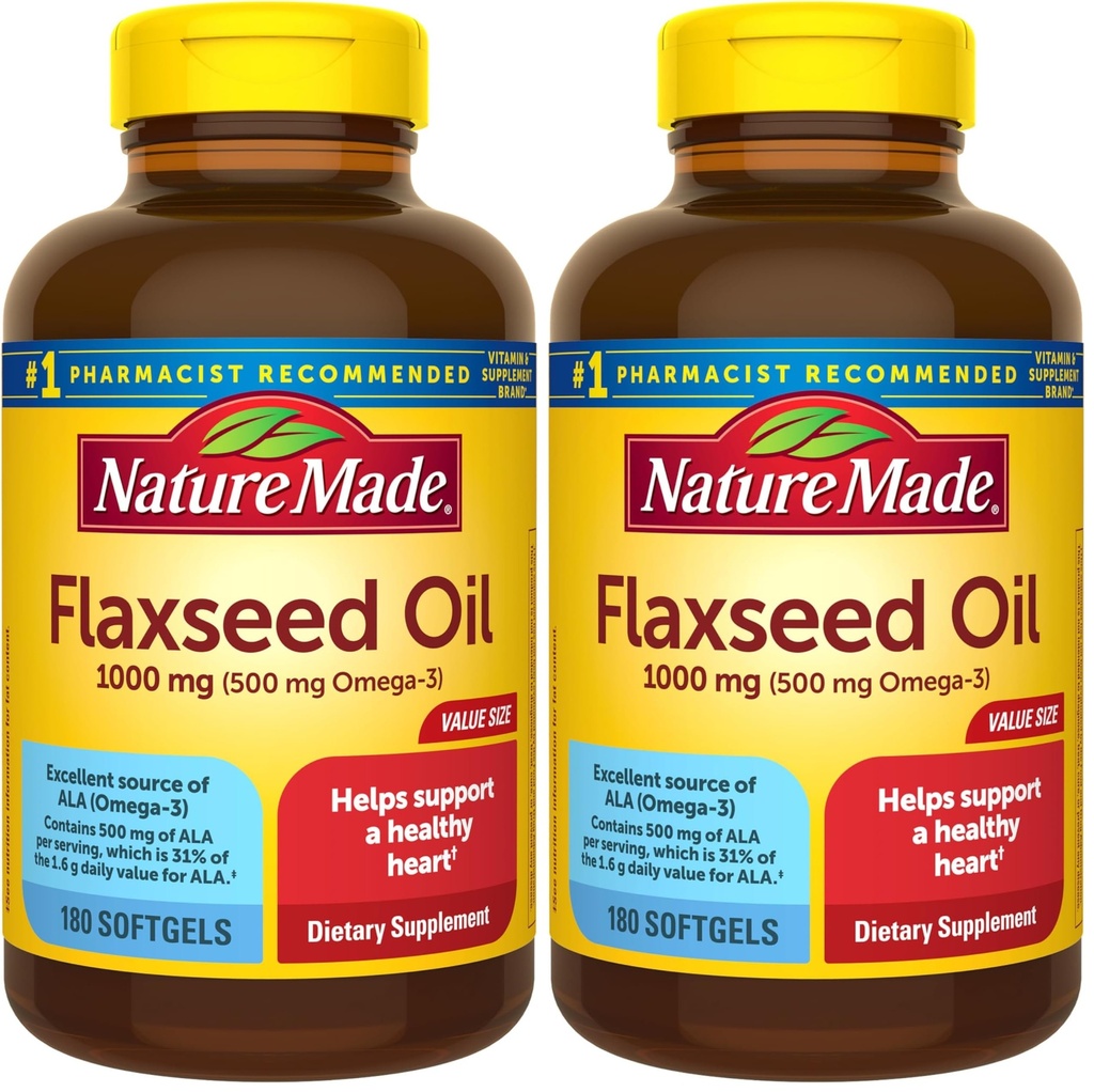 Příroda Made Flaxseed Oil 1000 mg, dodatek stravy pro podporu srdečního zdraví, 180 Softgels (Balení po 2)