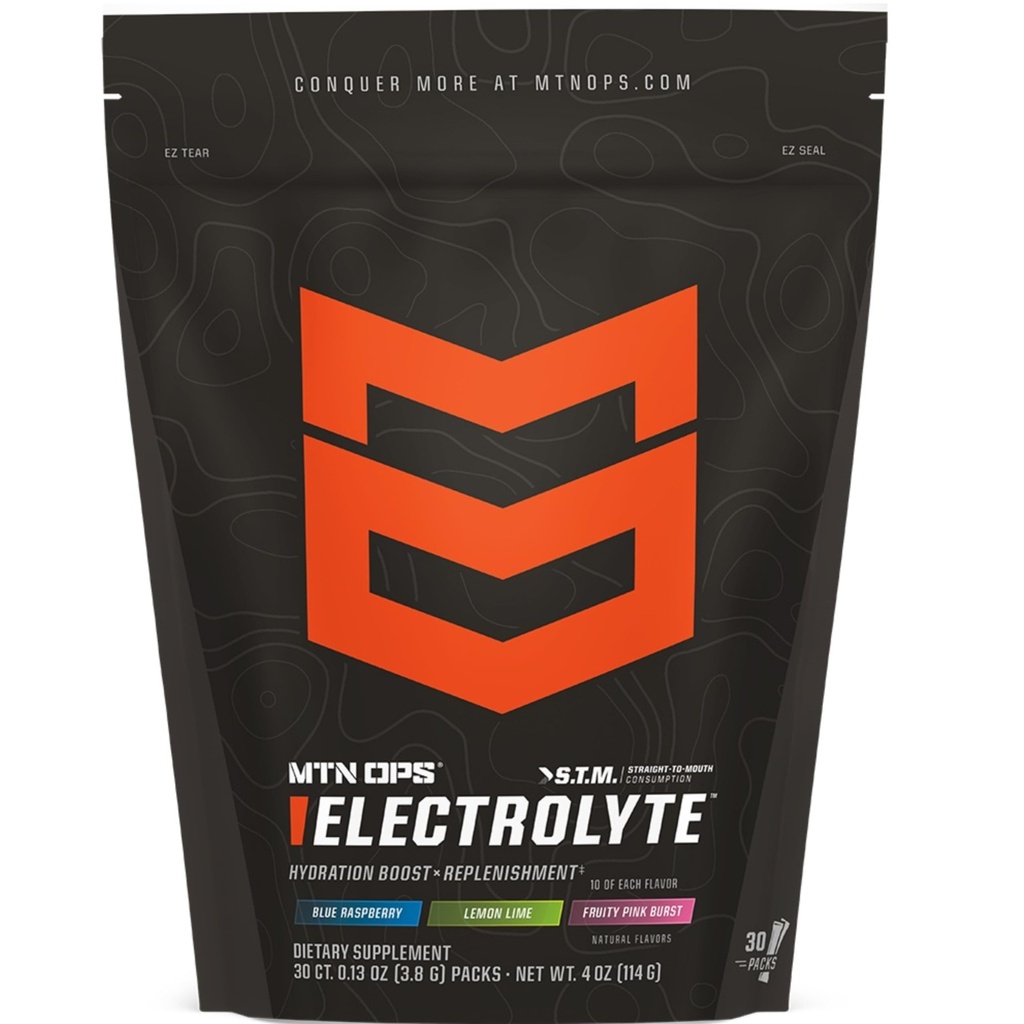 MTN OPS Electrolytes Powder Packets, Sugar Free Hydration Packets, Gluten- Free Hydration Powder, Electrolyte Packets STM "Straight to Mouth" - Variety Pack of 3 Flavors, 30 Balení