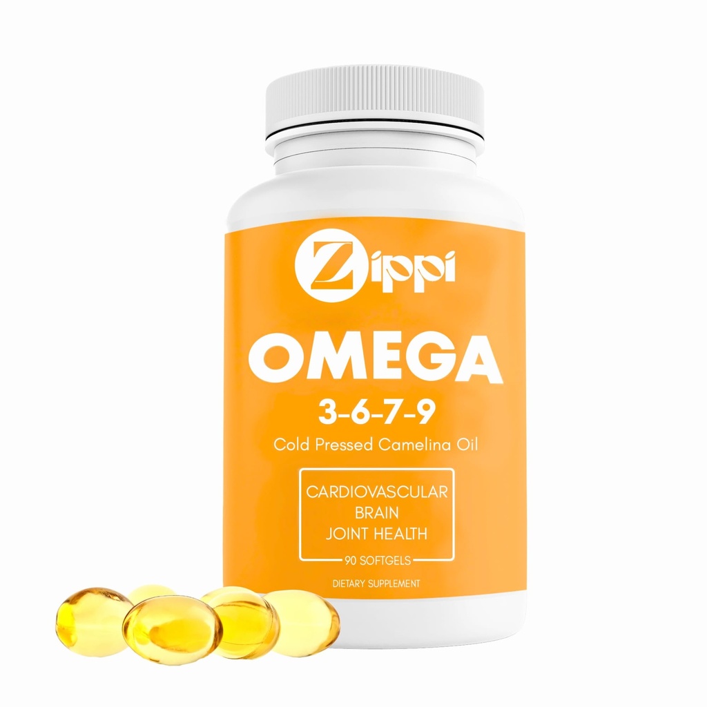 Zippi Omega 3-6-7-9 Camelina Softgels - Plant based Omega 3-6-7-9 Fatty Acid Dodatek. Pomáhá podporovat mozek, játra, kardiovaskulární, imunitní a společné funkce