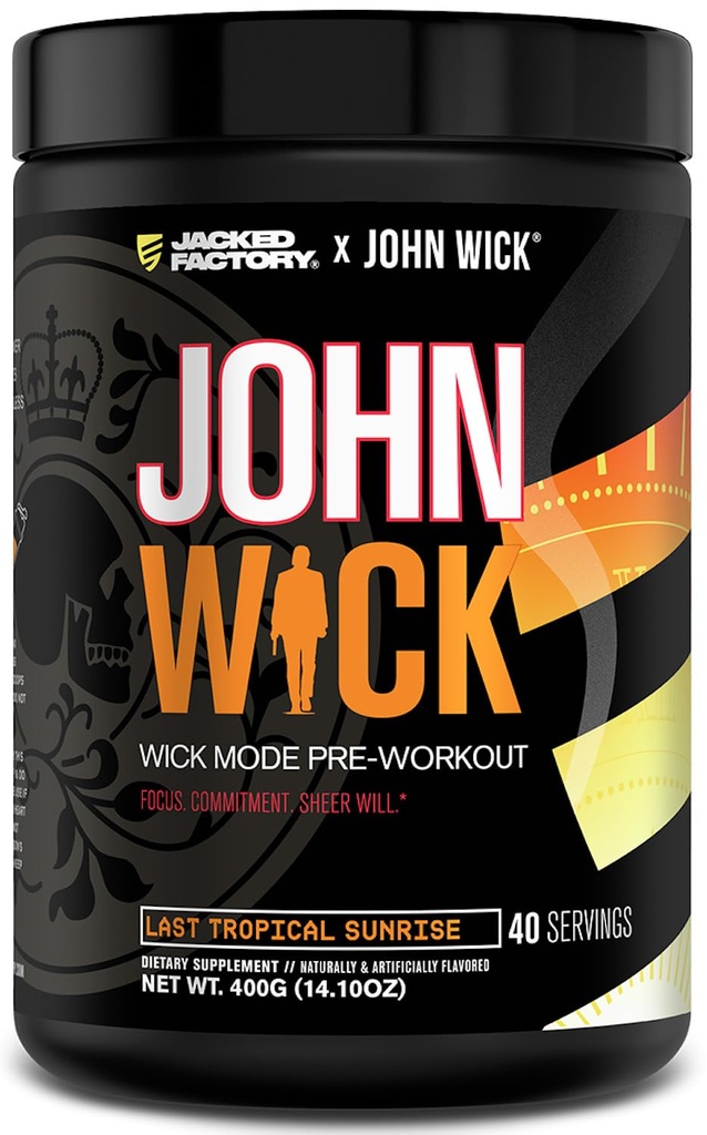 Jacked Factory X John Wick - Wick Mode Pre Workout Powder - Intenzivní energie, Battle-Ready Focus, nezastavitelný závazek, a Sheer Will - 40 Služeb, Poslední tropický východ slunce