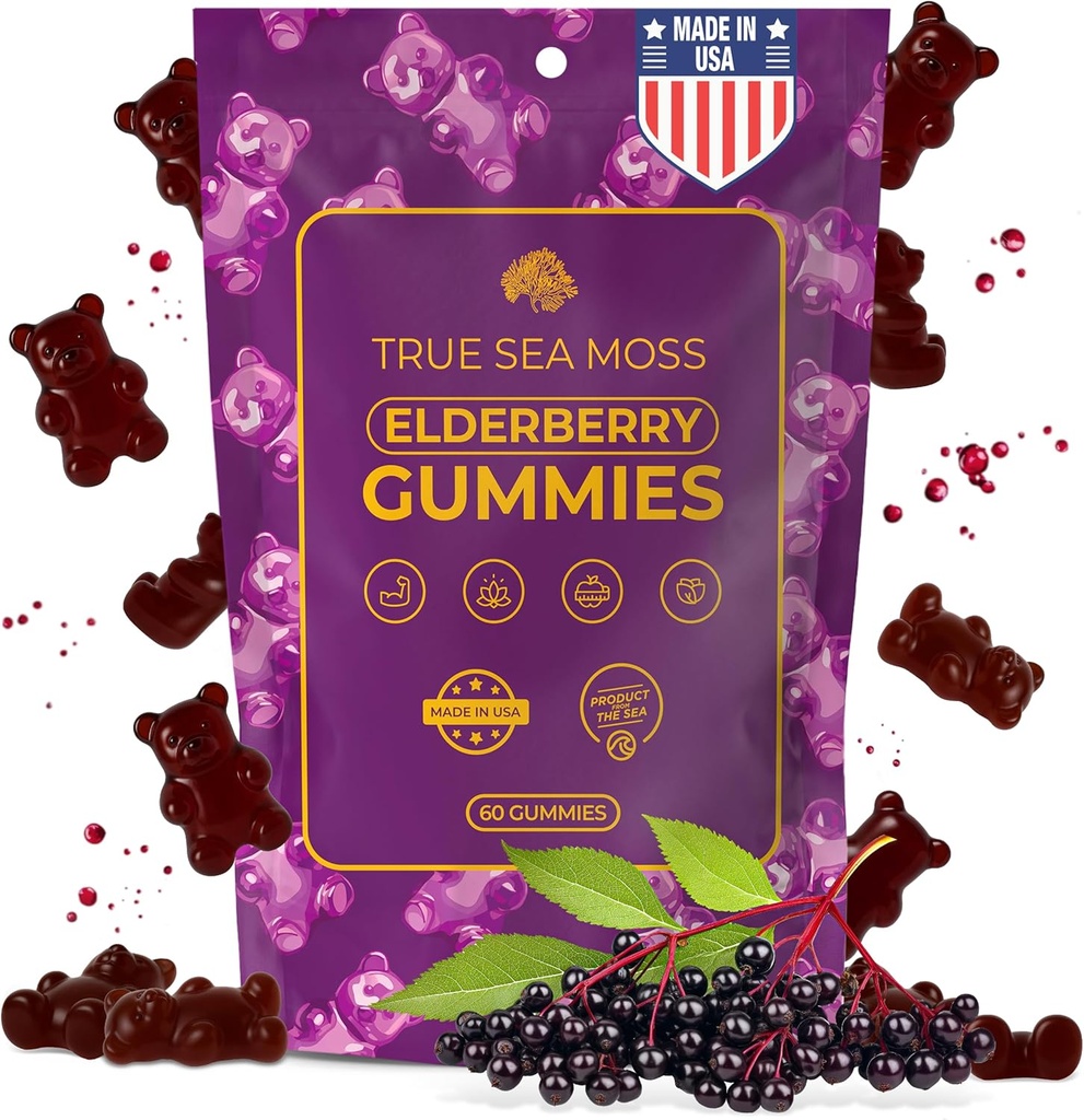 TrueSeaMoss Moss Moss Elderberry Gummies pro dospělé a děti - s Burdock Root, Bladderwrack & Magnesium - Vegan, Non- GMO Formule - Vyrobeno v USA - 60 Gumy