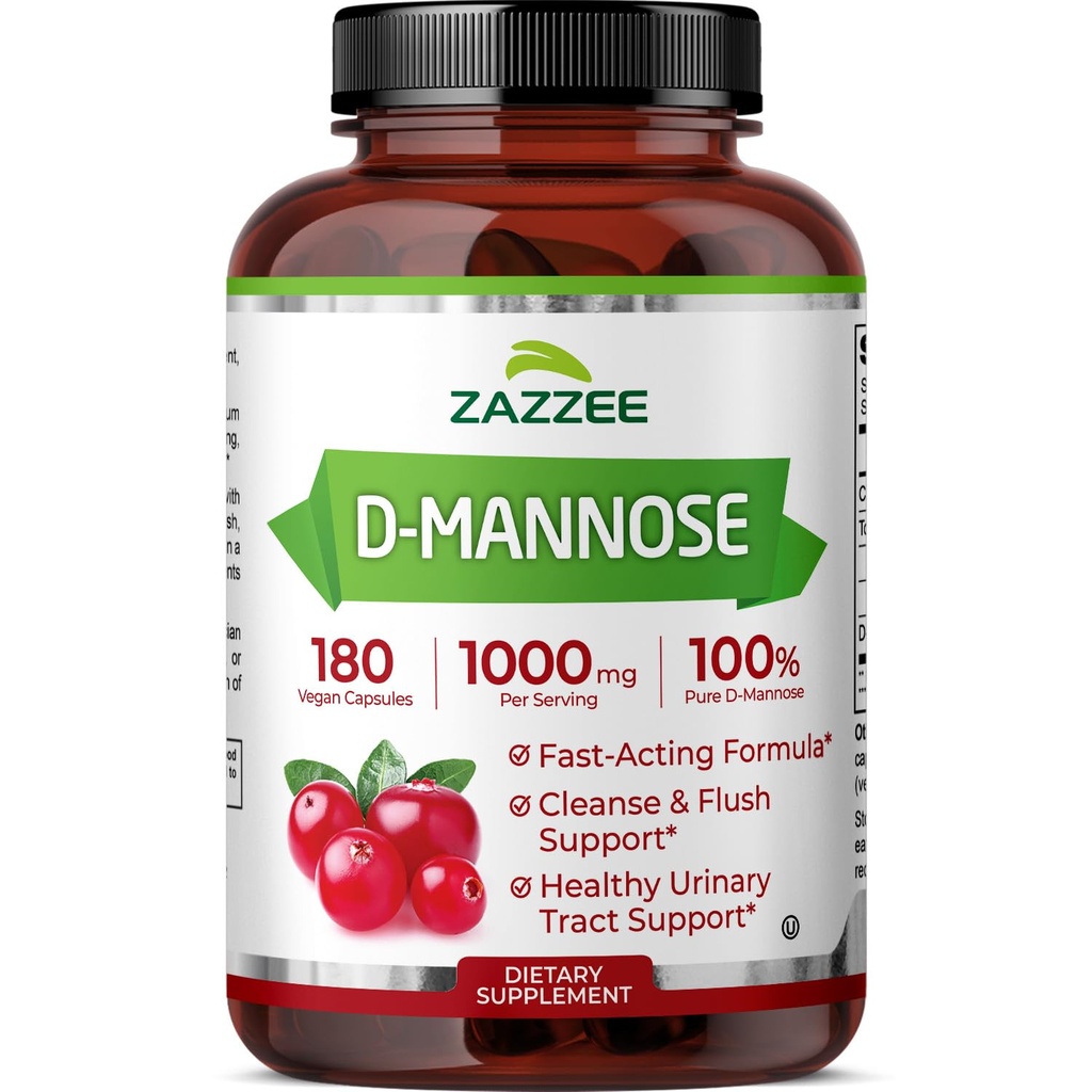 Zazzee D-Mannose, 1000 mg per Serving, 180 Vegan Kapsle, 3 Měsíční dodávky, Potent & Fast- acting, Certified Kosher, 100% čisté, All- Natural Urinary Tract Health Support, 100% Vegetarian, Non- GMO