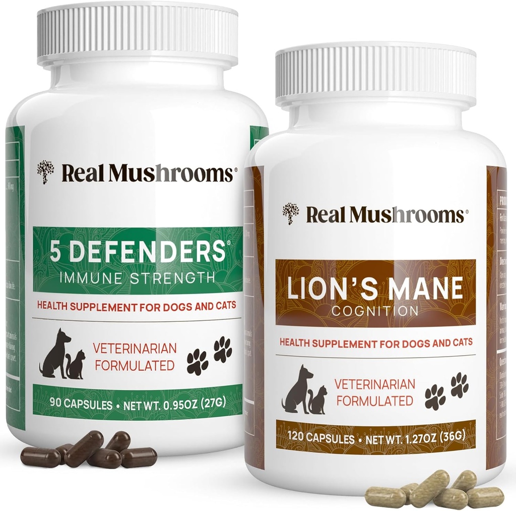 Real Houby 5 obránců pro domácí zvířata (90ct) a Lví hříva pro domácí zvířata (120ct) - Bundle pro imunitní sílu a kognitivní - Vegan, Non- GMO, gluten- Free, Grain- Free Houbový Pet doplňky