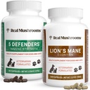 Real Houby 5 obránců pro domácí zvířata (90ct) a Lví hříva pro domácí zvířata (120ct) - Bundle pro imunitní sílu a kognitivní - Vegan, Non- GMO, gluten- Free, Grain- Free Houbový Pet doplňky