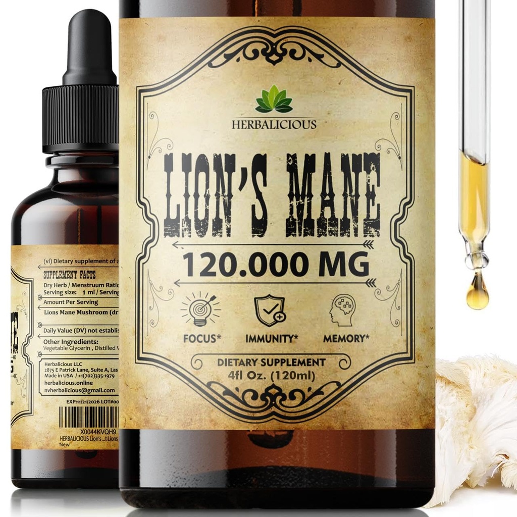 Lion 's Mane Extract 4 fl oz Liquid - Přírodní Houbový dodatek Tinktura pro mozek, Paměť, Duševní Clarity & Focus - Imunitní podpora - High Potency Formule - 90- Day Supply